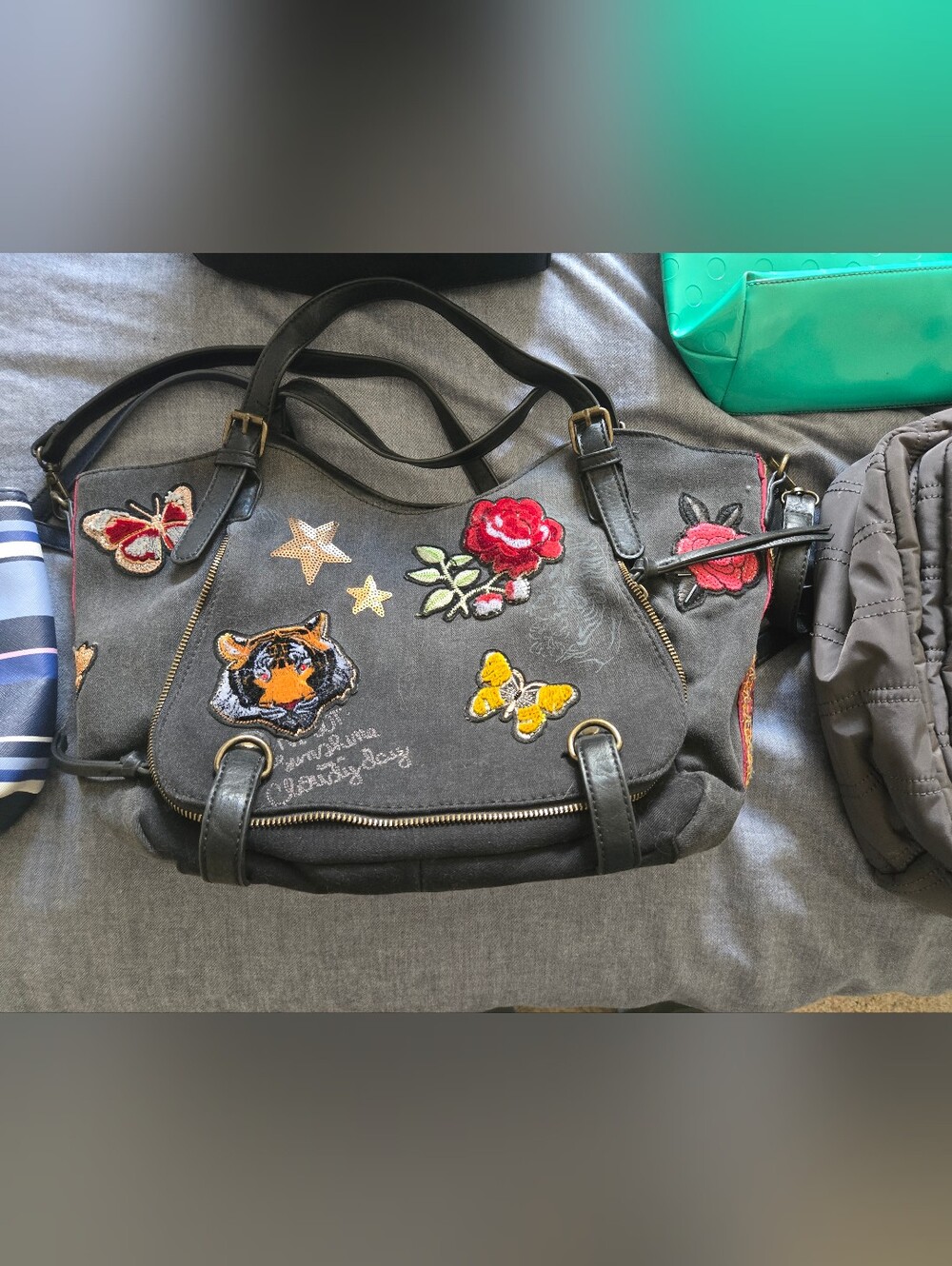Desigual Embroidered Black Canvas Tote Bag with Floral & Animal Print